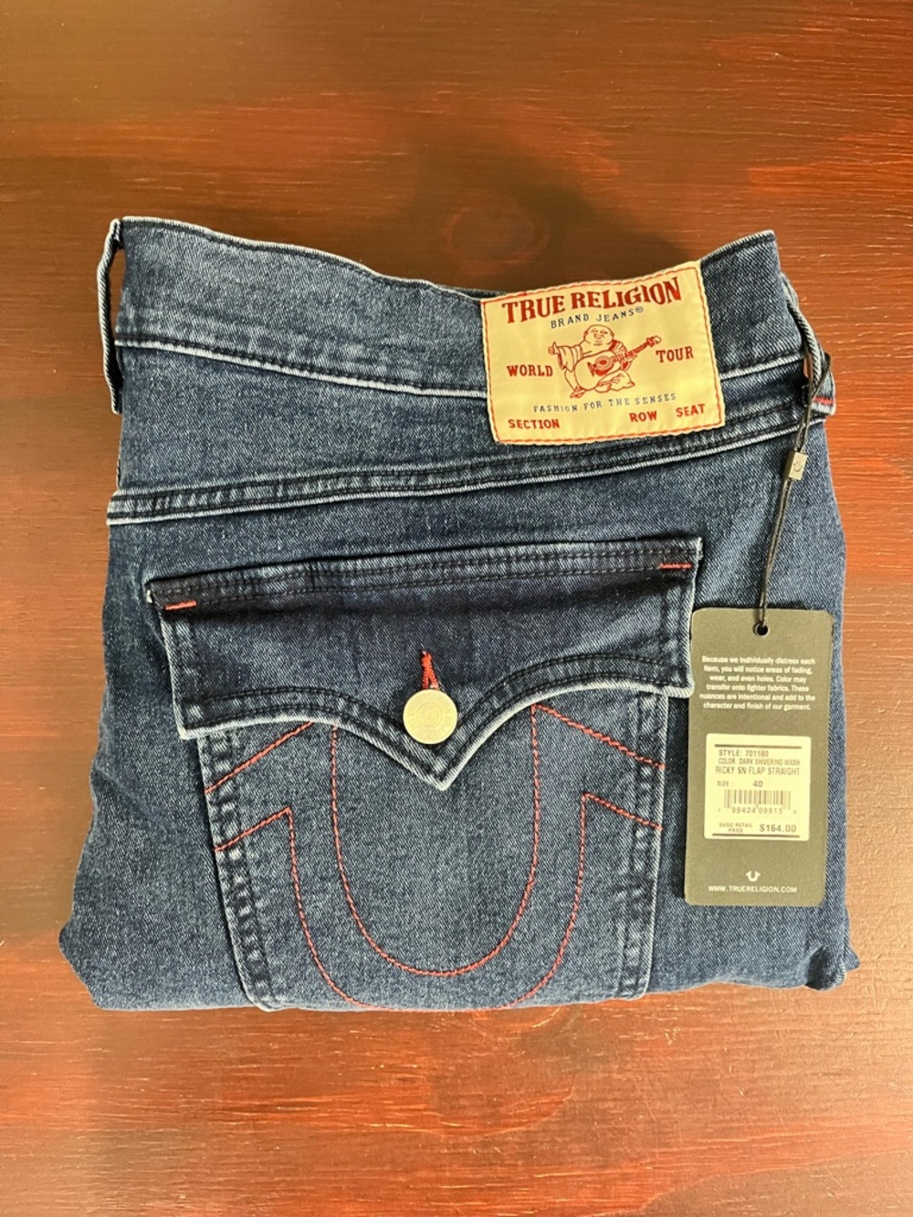 True Religion Ricky SN Flap Relaxed Straight Jeans Men’s 40x32 Blue NWT